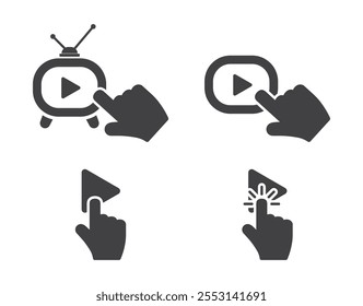 Mouse hand cursor click on play video button retro tv style icon