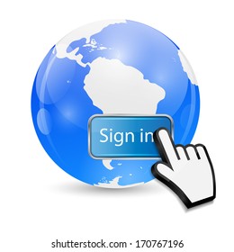 Mouse Hand Cursor on Sign In Button and Globe Vector Illustration