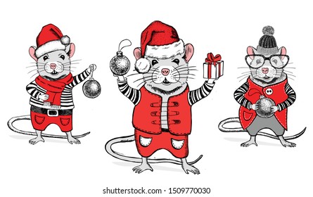 Mouse hand drawn illustration. New Year card.