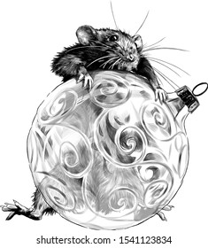 mouse hanging on Christmas round Christmas tree toy, sketch vector graphics monochrome illustration on white background