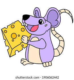 the mouse happily brings a slice of cheese to eat, doodle draw kawaii. vector illustration art