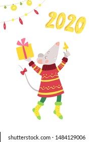 Mouse happy with presents flat vector illustration. Cheerful rat with gifts, Christmas stocking cartoon character. Cute animal celebrating winter holidays. New Year postcard design element