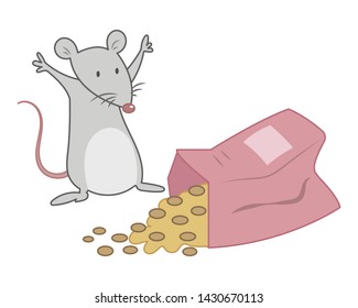 A mouse happy to see a bag of snack vector illustration cartoon. Rat and food vector cartoon. Cute mouse pastel cartoon. 