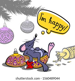 The mouse is a happy symbol of the New Year 2020, lies joyful in a Christmas tree toy and holds a red Santa Claus hat. Cartoon hero on a white background with the inscription I am happy. 