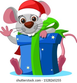 Mouse in a hat looks out from behind a box gifts on a white background. Christmas
