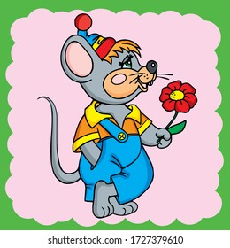 Ratón de arco С en un sombrero con una flor roja vestida con una camisa amarilla y 
pantalones azules