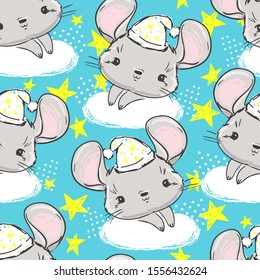 Mouse in a hat for sleep a cloud and stars on a blue background. Pattern seamless Print design for baby pajamas. Vector illustration.