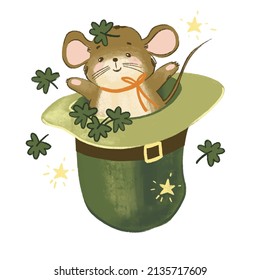 Mouse in hat Sr Patricks day symbol  on white  isolated background Vector illustration