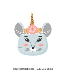 Mouse head with flower crown. Cute Vector illustration for children design, poster, birthday greeting cards.