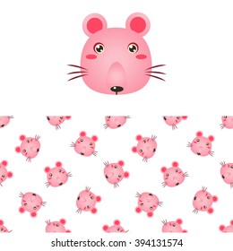 Mouse Head Icon And Seamless Decorative Pattern In Childish Style  Flat Vector Print On White Background