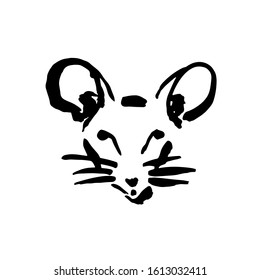 Mouse head. Ink brush drawing. Logotype. Black painting. Chinese zodiac sign. 2020 New Year. Hand drawn vector illustration.