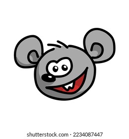 Mouse head portrait. Domestic rodent pest. A sly smile. Cartoon vector illustration isolated on white background