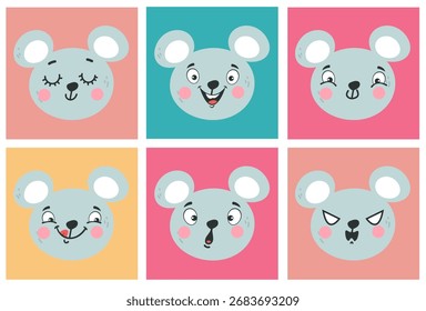 Mouse heads with different emotions line art outline simple isolated set. Vector design graphic illustration