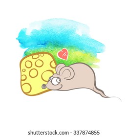 The mouse, the heart and cheese on watercolor summer background. Vector illustration