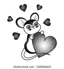Mouse and Heart Dotwork and Outline Tattoo