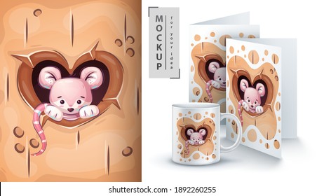 Mouse in heart hole - poster and merchandising. Vector eps 10