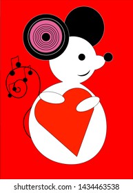 mouse with heart and music plate, stave, melody of love, postcard, Valentine's Day