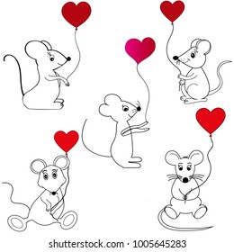 mouse with heart outline vector set