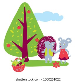A mouse and a hedgehog stand next to a tree and hold hands. The fruit basket is in the foreground. Apples are hanging on the tree.