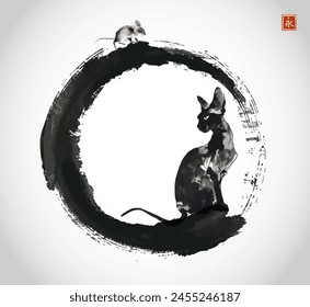 Ratón escondiéndose del gato en el círculo zen negro. Tinta oriental tradicional pintura sumi-e, u-sin, go-hua. Traducción de jeroglífico - eternity