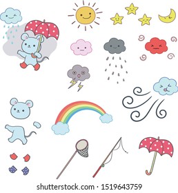 The mouse mouse holding the action of the umbrella, can replace other tools, and weather related illustrations