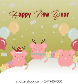 mouse holding ballon snowing new year with gift boxes and wording background.lovely mouse is wearing new year hat celebration.