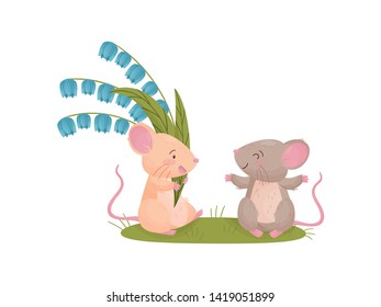 Mouse holding a bouquet of campanula. Vector illustration on white background.