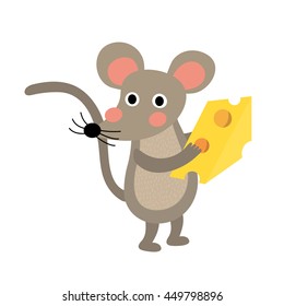 Mouse holding cheese animal cartoon character isolated on white background.