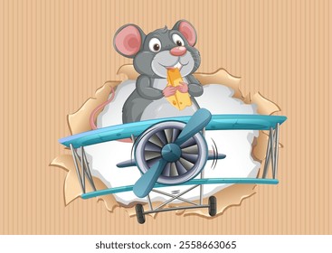 A mouse holding cheese behind a vintage plane