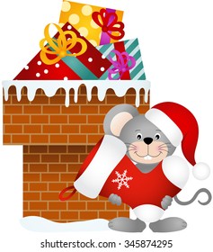 Mouse holding Christmas stocking on chimney with gifts

