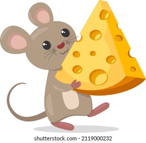 Mouse holding a piece of cheese on white background. Character