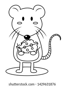 A mouse holding a piece of cheese vector illustration cartoon. A cute mouse cartoon colorless for coloring book. 