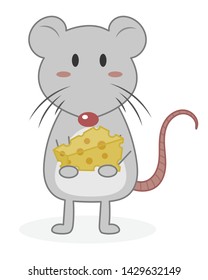 A mouse holding a piece of cheese vector illustration cartoon. A cute mouse pastel cartoon. 