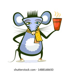 mouse holding a steaming cup of coffee. Blue, yellow, orange colors. Vector illustration for coffee lovers