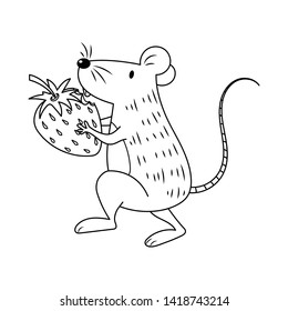A mouse holding strawberry vector illustration cartoon colorless for coloring book. Cute mouse colorless cartoon. 