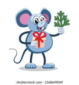 The mouse holds a gift and a Christmas tree branch. Isolated character on a white background.Vector illustration.
