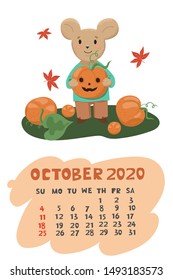 Mouse holds pumpkin calendar for October 2020