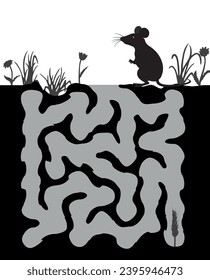 Mouse hole inside the ground. Vector black and white picture with mouse, labyrinth under the field with flowers and grass. Help little mouse find an ear of wheat game.