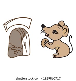 Мышенок. Мышиная нора. Mouse and mouse hole. Vector illustration. Isolated white background.