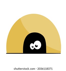 Mouse in hole in wall. Character with eyes in dark. Funny rodent illustration. Outline cartoon isolated on white