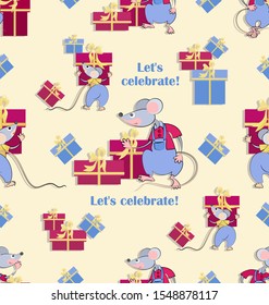 Mouse. Holiday gifts. Cartoon rats with a gift. Seamless pattern. Cute mouse character for textile, gift wrap, calendar or horoscope. The mouse is the Chinese symbol of 2020.