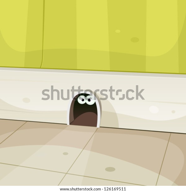 Mouse Home Inside Walls/ Illustration of a cartoon
hole in home walls baseboard with cute mouse or other rodent eyes
looking from inside