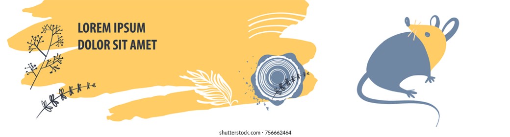 Mouse horizontal  banner template. Wild rat isolated on white background. 