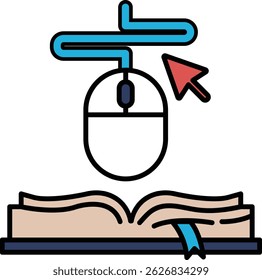 A mouse is hovering over an open book, with a red arrow pointing to the mouse. Concept of using a computer mouse to navigate through a book, possibly for research or reading purposes