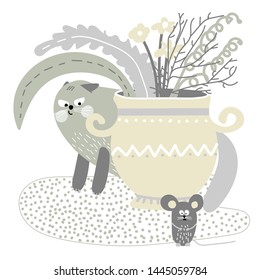 Mouse hunting is a vector illustration drawn by hand. The cat tracked down the mouse and watches her sitting behind a large vase.