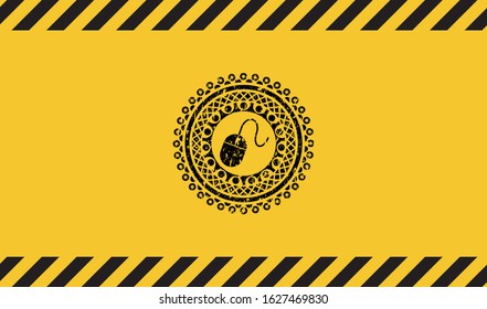 mouse icon black grunge emblem with yellow background. Vector Illustration. Detailed.