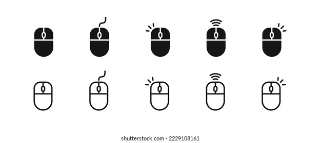 Icono del ratón. Haga clic en firmar. Símbolo del botón. Símbolos con cable e inalámbricos. Signo aislado del vector.