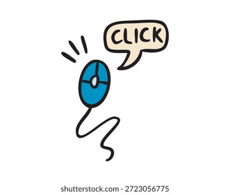 Icono del ratón con la burbuja del discurso del Hacer clic, garabato juguetón del planificador de UI, colorido, dibujado a mano. Ilustración vectorial.