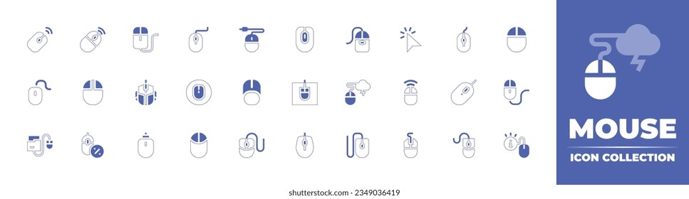 Mouse icon collection. Duotone style line stroke and bold. Vector illustration. Containing mouse, computer, click, folder, discount, info, and more.