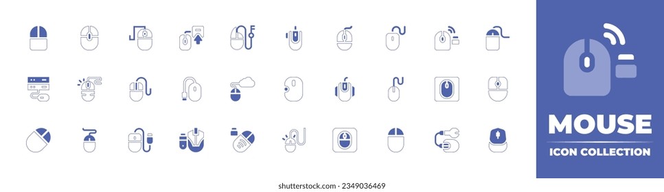 Colección de iconos del ratón. Curso de línea de estilo duotónico y negrita. Ilustración vectorial. Contiene mouse, equipo, clic, servidor y más.